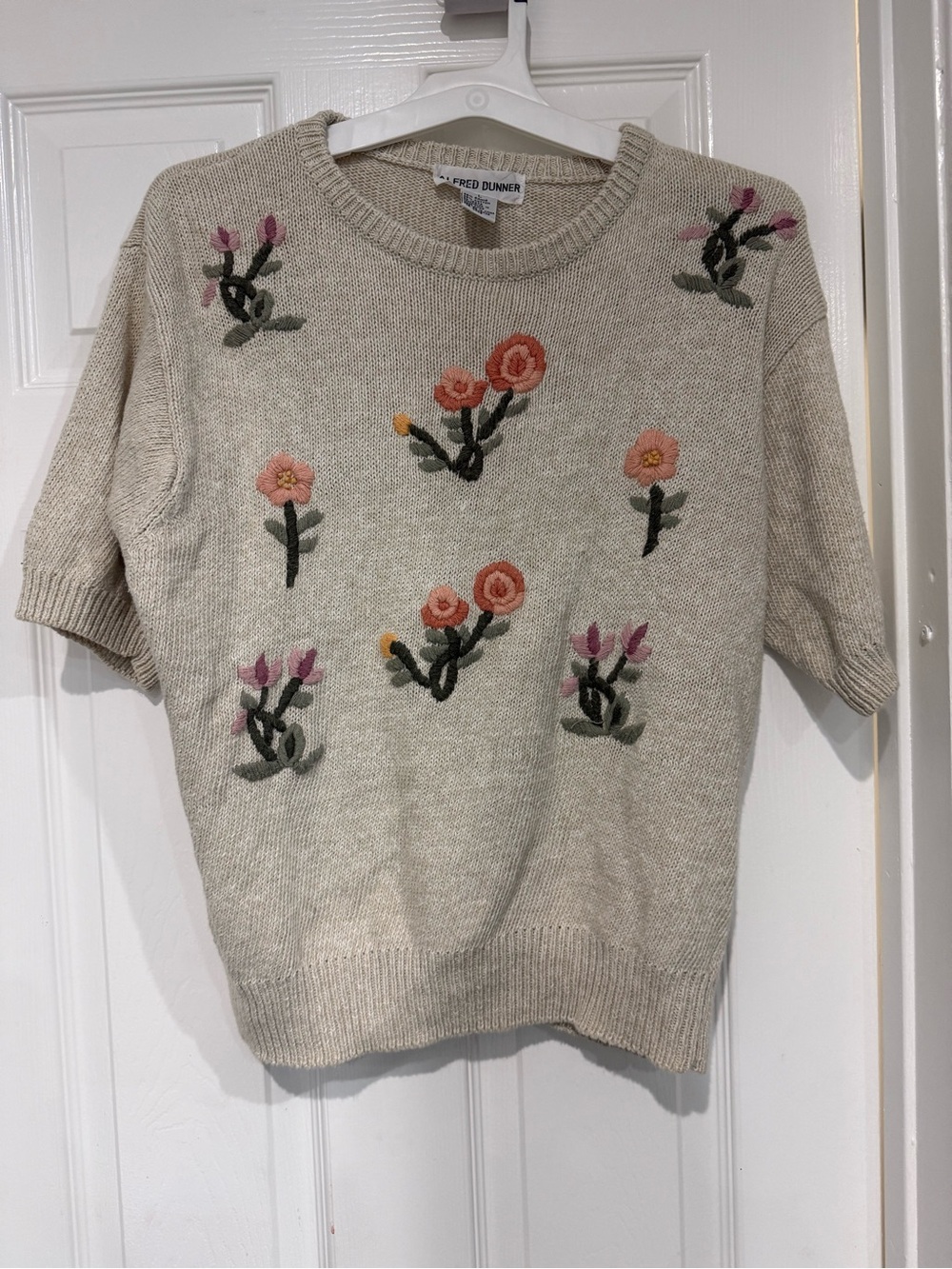Vintage Alfred Dunnar Floral Short-Sleeve Sweater - Cream size Large